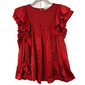 Ulla Johnson‎ Blouse Womens 2 Red Silk Ruffles Smocked Feminine Casual Office